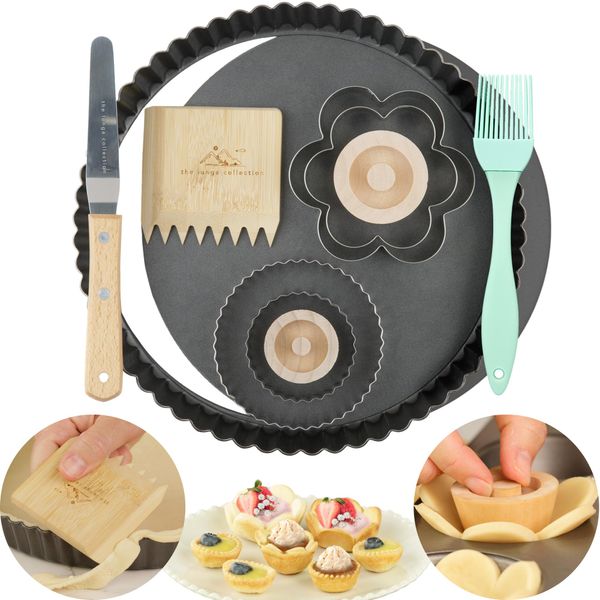 The Lunga Collection Tart Pan Baking Set - Carbon Steel, Non-stick - 9 Inch Removable Bottom - Quiche - Trim/Dock Tool, Offset Spatula, Pastry Brush, Tart Tampers, Cookie Cutters - Gift