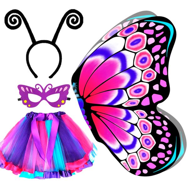 IROLEHOME Kids Fairy-Butterfly-Wings-Costume for Girls Toddler Dress-Up Clothes Tutu Antenna Mask Halloween Gifts Party Toys