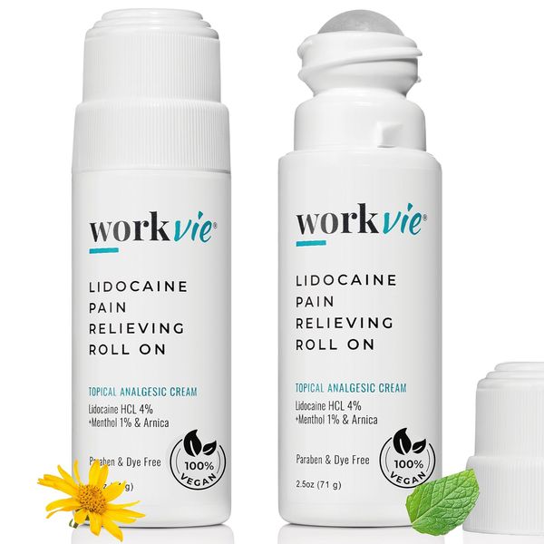 Workvie Lidocaine Roll On Pain Relief Cream 2pk - Maximum Strength Instant Numbing - Muscle & Joint - Arnica, Menthol, Aloe Vera for Sensitive Skin