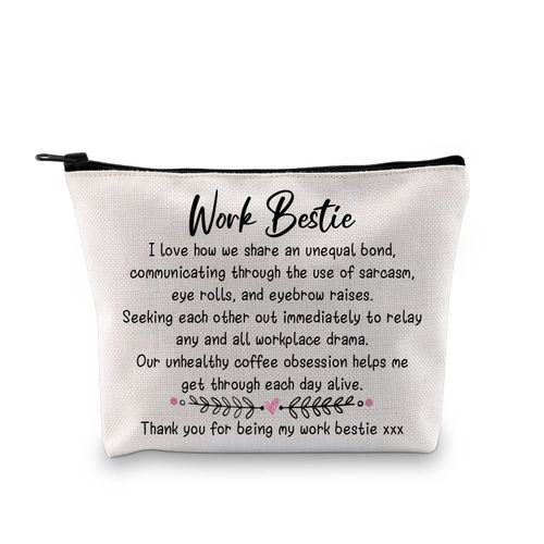 JTOUK Work Bestie Gift EU Cosmetic Bag with Print for Coworker Travel Outdoor White Grey Beige Brown, Work Bestie Bag EU, Cosmetic bag with print