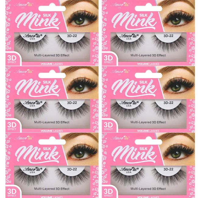 Amorus 3D Hand made Faux Mink Black Lashes #22 Nature fluffy light Reusable (6 PACK)