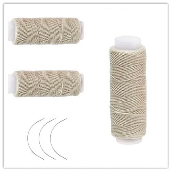 Ayina 3 Rolls Cotton Sewing Thread Hair Weaving Making Wig Extension Salon Weft Black Brown Beige with Curved Needles (Beige /3Pcs)