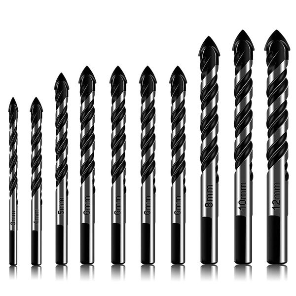 10-teiliges Steinbohrer-Set für Fliesen, Glas, Keramik, Ziegel, Holz, 3 mm bis 12 mm Bohraufsätze mit dreieckigem Griff, YG8 Wolframstahllegierungsspitze (schwarz)
