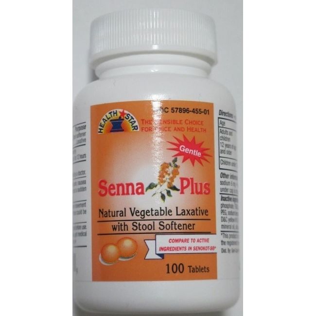 Health Star Senna Plus Natural Vegetable Laxative Stool Softener Tablets 100ct