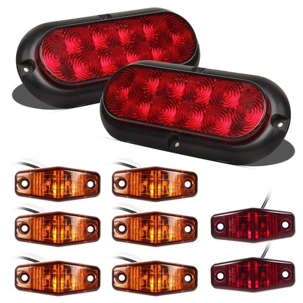 Partsam 12V Led Trailer Lights Waterproof, 2Pcs 6 Inch Oval Led Trailer Tail Lights Stop Turn Brake Tail Lights, 8x Mini Oval Led Marker Clearance Lights Utility boat RV Camper cargo dump Trailer