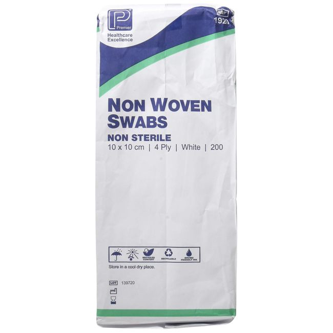 Premier 1920 Non-Sterile Non-Woven Swabs 4 Ply 10 cm x 10 cm White Paper Packs (Pack of 200)