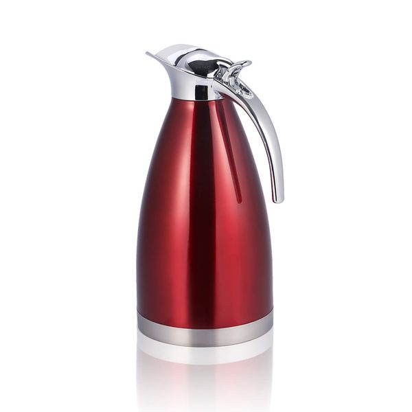 Stainless Steel Thermal Coffee Carafe with Lid/Double Walled Vacuum Thermos / 12 Hour Heat Retention 1.5-2 Liter(2L-Red)