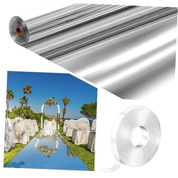 3.3 x 98.4 ft Aisle Runner for Wedding Ceremony Double Sided Reflective Silver