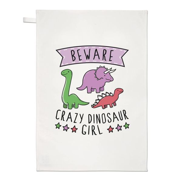 Beware Crazy Dinosaur Girl Tea Towel Dish Cloth