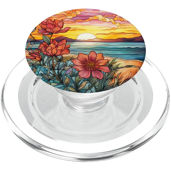 Sunset & Flowers Stained Glass PopSockets MagSafe PopGrip for iPhone