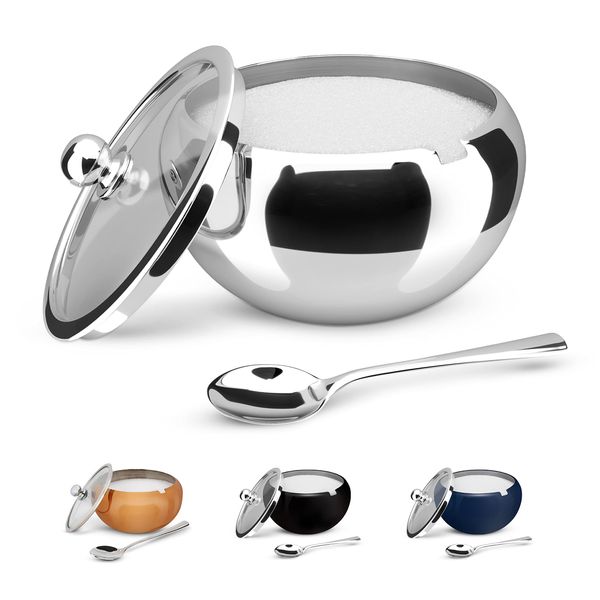 KooK Sugar Bowl with Lid, Stainless Steel, with Spoon, Serving Dish, Clear Glass Lid, Storage for Salt, Candy, Coffee, Holds 2 Cups, Dishwasher Safe, 16 Oz Stainless Steel