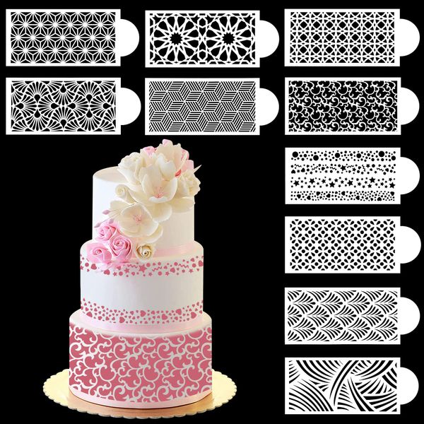 10 Stück Kuchendekorationsschablonen 3D-Kuchenseitenschablone Hohlspitze Dekorationsformen Blumenkuchenschablone Musterdesign Backschablonen Sculpting Modeling Backform Kit