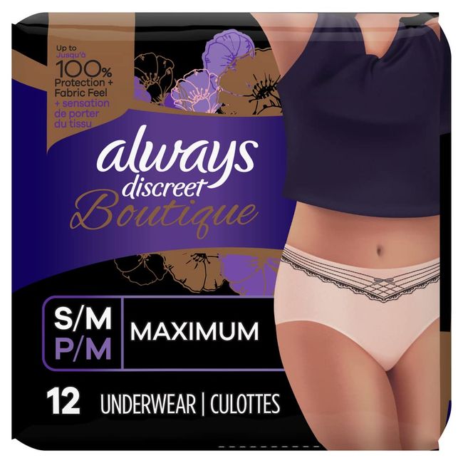 Always Discreet Boutique, Incontinence & Postpartum Underwear For Women, High-Rise, Size Small/Medium, Rosy, Maximum Absorbency, Disposable, 12 Count