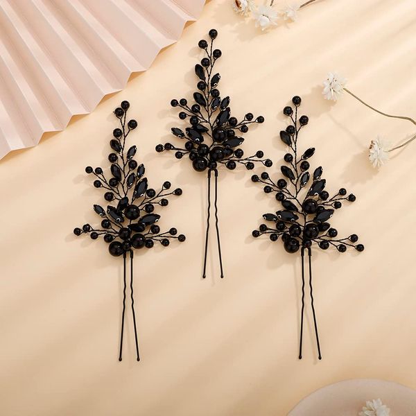 Teyglen Bride Wedding Crystal Pearls Hair Pins Vintage Black Pearl Hair Pins Set Bridal Rhinestone Hair Pieces Headpieces Vintage Hair Accessories Jewelry Set for Women Girls (Black)