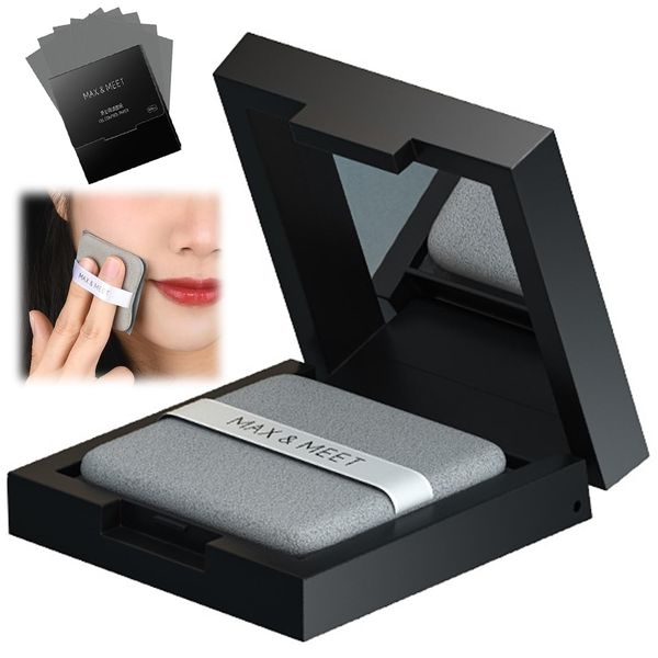 Oil Blotting Paper (300 Sheets) Facial Oil Blotting Paper with Mirror and Powder Puff, Clear, Fresh, Portable, Prevents Cosmetic Crumbles, Prevents Pore Expansion, Unisex (Matte Black)