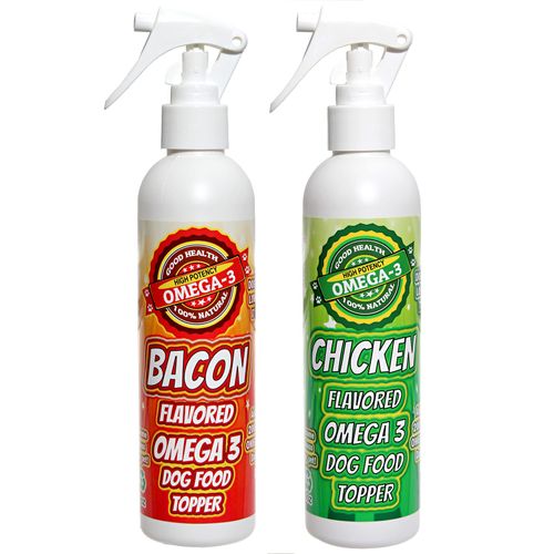 Flavored Sprays Bacon and Chicken Flavored Omega 3 Sprays for Dry Dog Food. Great for picky Eaters!