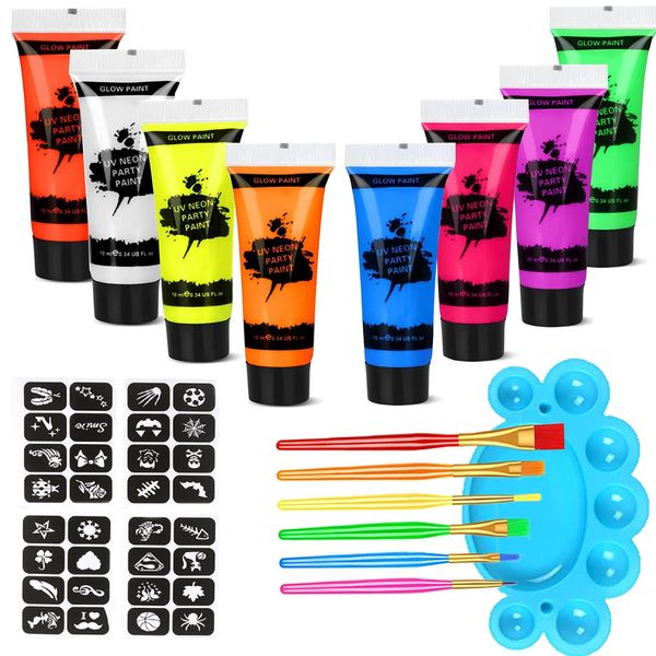 Proamate Neon Face Paints Glow In Dark Face Body Painting Kit Pittura del viso per Bambini Adulti Pittura del viso UV per Compleanno Festa Carnevale Halloween (10 ML)