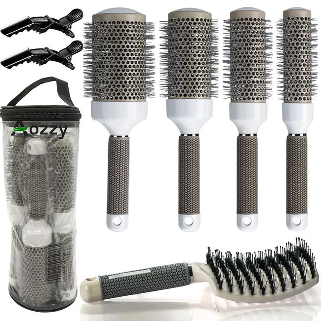 Round Brush Set for Blow Drying, with Boar Bristle Vented Curved Detangling Hair Brush, Thermal Ceramic & Ionic Tech Reduce Frizz Hair, Makes Hair More Smooth and Shiny for Curling & Straightening