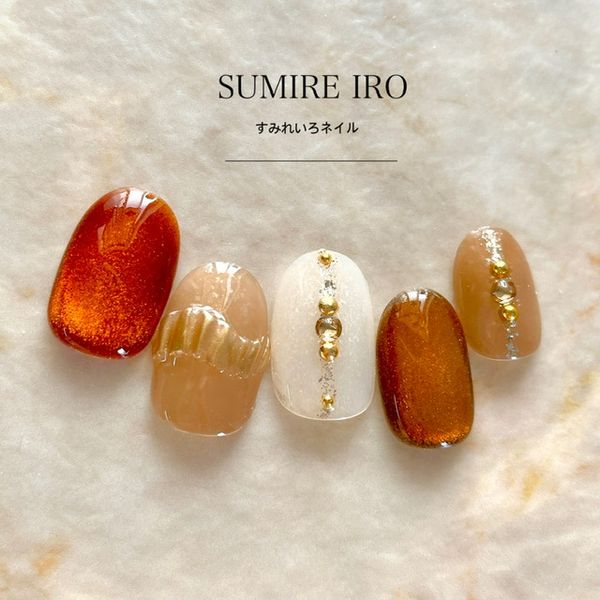 Nail tips False nails Bridal nails Short Coming-of-age nails Design Simple nails Nail Beige nails Small nails Large nails Very short Chibi nails Adult nails False nails Custom nails<br> [o2190] Brown magnet beige vertical rhinestone mirror ring