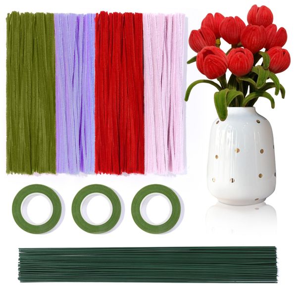 TXIN 600 Pieces Pipe Cleaners Craft Chenille Stems Flower Craft Kit DIY Tulip Bouquet Making Kit with 60 Flower Poles and 3 Tape for Crafts Decorations Creative School Projects