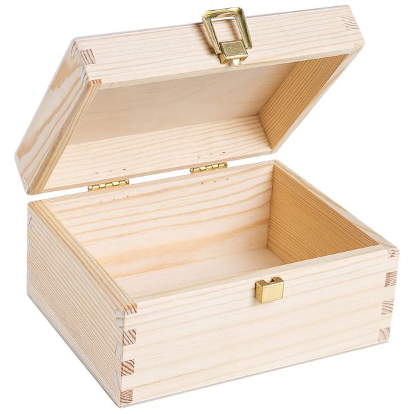 Creative Deco Small Wooden Storage Box Unpainted Plain | 21.4 x 13.8 x 10 cm (+/- 1cm) | Golden Lock & Hinged Lid | Gift Box for Easter | Office or Bedroom | Jewellery Box