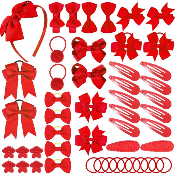 FRIUSATE 50Pcs Red Girls School Hair Accessories Kit Bow Elastic Headband Hair Clips Kit, Red Pompom Hair Band Hair Accessories, Red Bow Ponytail Holder for Christmas Birthday Gift(Red)