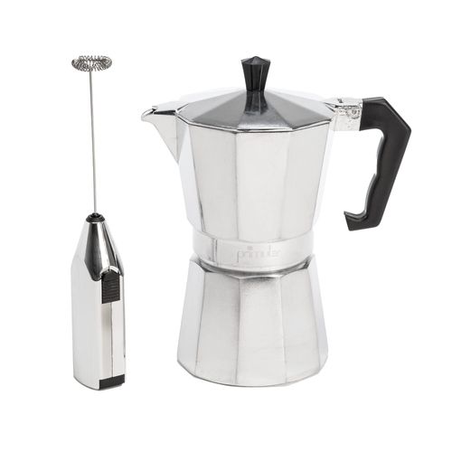 Primula Stovetop Espresso Maker and Handheld Electric Milk Frother Gift Set, Moka Pot for Classic Italian and Cuban Coffee, Cafetera, 6 Espresso Cups, Silver
