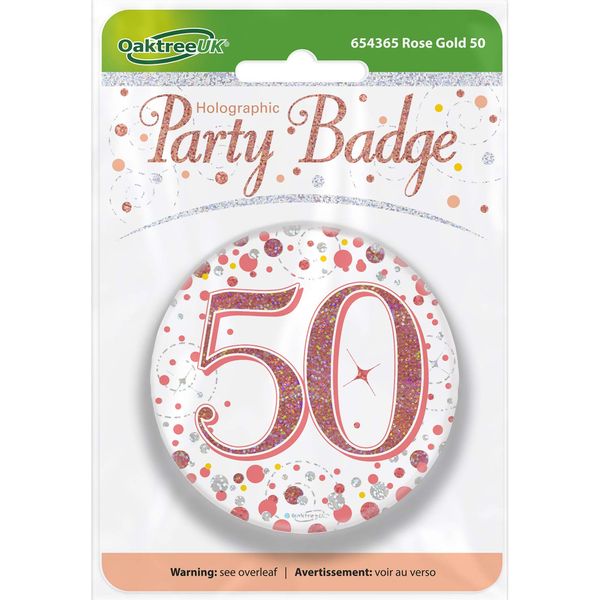 OakTree 3" Badge 50th Birthday Sparkling Fizz Rose Gold Holographic