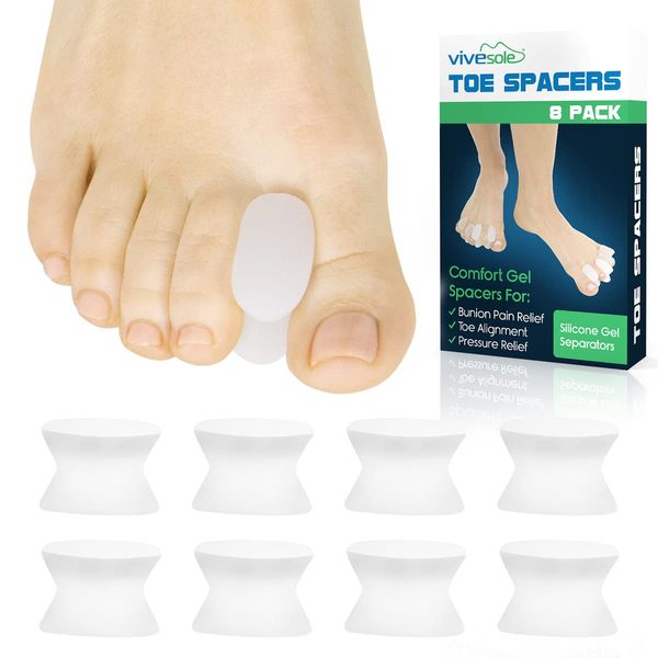 ViveSole Toe Spacer Separators (8 Pieces) - Overlapping Toes - Silicone Gel Spreaders for Men, Women - Bunion Pain Relief, Toe Alignment Corrector, Pedicure Aid - Orthotic Straightener