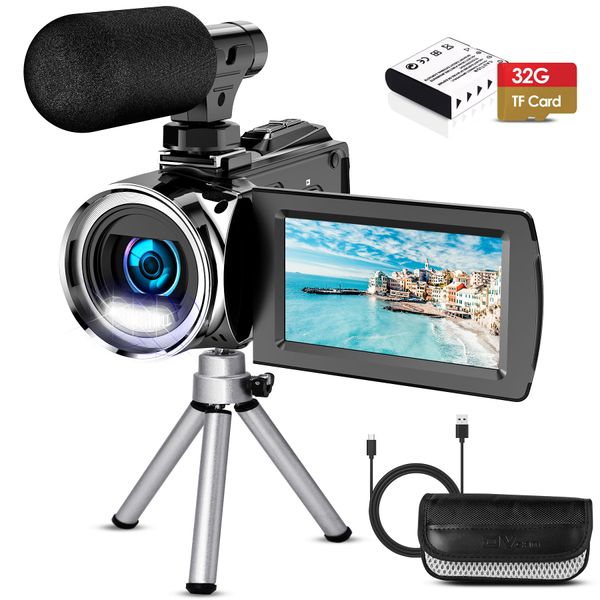 Hojocojo Video Camera Camcorder, 4K 48MP 30FPS Video Recorder, 18X Digital Zoom Camera Recorder 3.0" IPS Screen Vlogging Camera for YouTube with Tripod, Batteries, 32GB SD Card