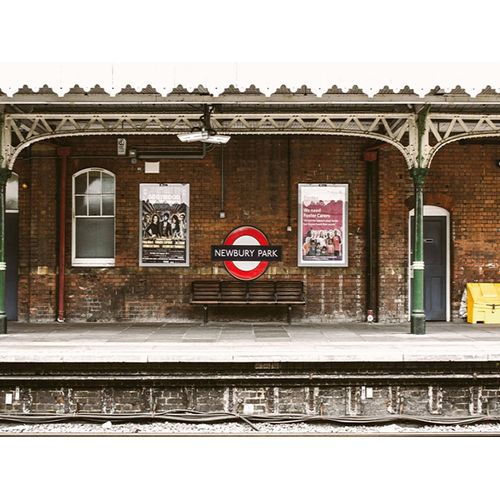 AOFOTO 8x6ft Train Station Backdrop Railway Platform Old Brick Wall Nostalgic Playbill Bench Photography Background Locomotive Track City Buildings Portrait Photoshoot Studio Props Vinyl Wallpaper