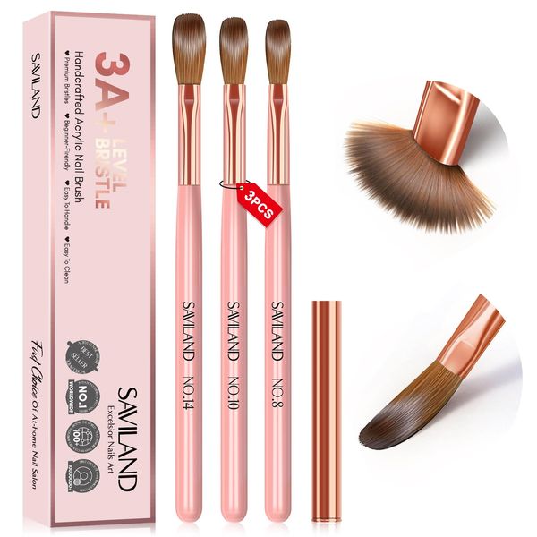 Saviland 3PCS Acrylic Nail Brush Set - Size 8/10/14 Kolinsky Acrylic Nail Brushes for Acrylic Application, Pink Handle Professional Acrylic Powder Brushes for Nails Extension & 3D Nail Carving