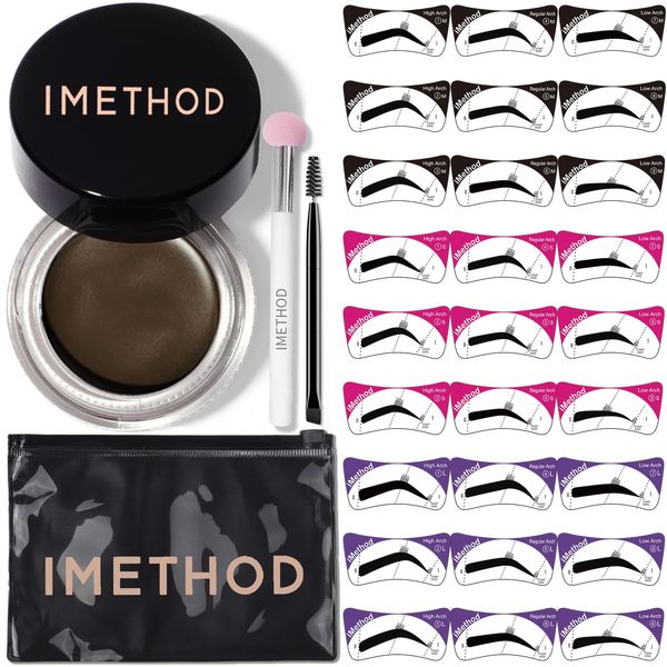 iMethod Eyebrow Stamp Stencil Kit - Brow Stamp and Stencil Kit with Brow pomade, 27 Reusable Stencils, Dual-ended Brush and Sponge Applicator, Brow Trio Eyebrow Kit, Easy to Use, Black Brown