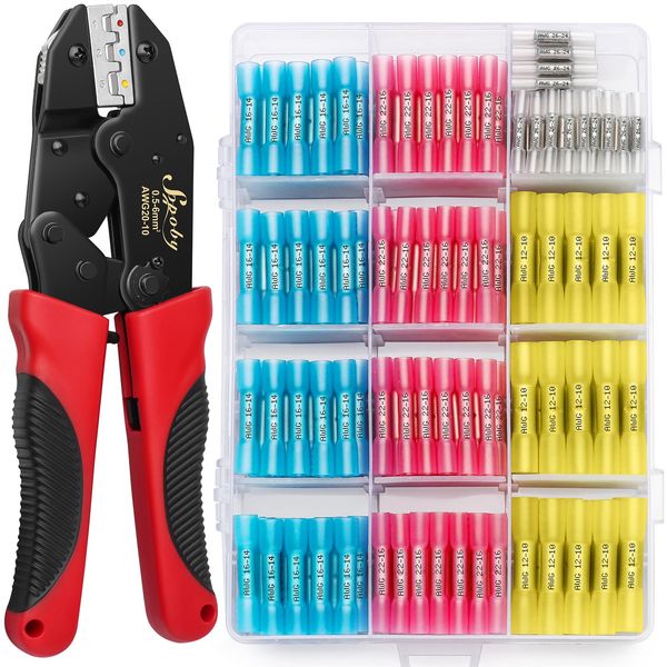 Sopoby Crimping Tool For Heat Shrink Connectors with 210PCS Marine Grade Heat Shrink Butt Connectors of Tinned Red Copper - Electrical Crimping Tool - 20-10 AWG