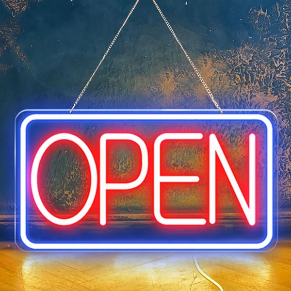 KENFARI Led Neon Open Signs for Business,16.5"X 9" Open Signs, Powered by USB with ON/OFF Switch, Adjustable Bright Led Neon Open Sign for Bar Salon Coffee Stores Club Hotel (Blue/Red-Horizontal)