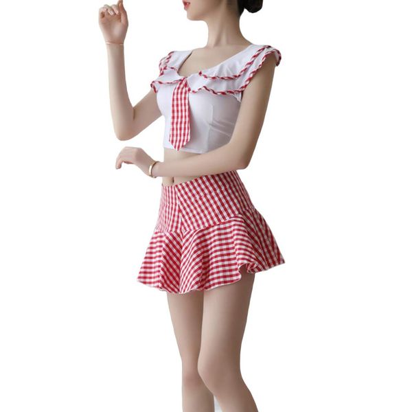 dokidoki Cosplay Costume, White Tops & Red Checkered Mini Skirt, Sexy Belly Button Out Uniform, Mini Skirt, Maid Uniform, Waitress