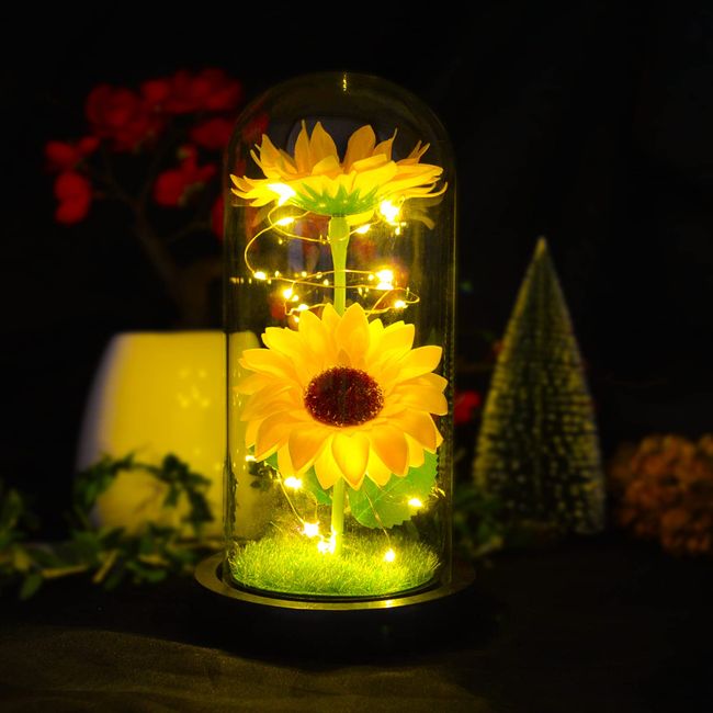 QUELIEN Sunflower Gifts for Women,Birthday Gifts for her,Sunflowers Artificial Flowers in Glass Dome,Unique Gifts for Xmas,Valentine Day,Wedding,Mothers Day,Anniversary (Yellow)