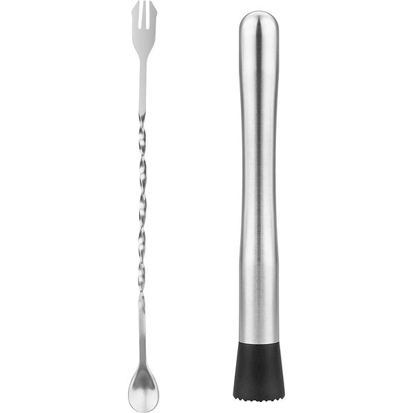 mciskin Stainless Steel Muddler Set, 10" Muddler and Bar Spoon, Cocktail Mixing Spoon, Long Handle, Bar Accessories Tools for Mojitos Fruit Drinks