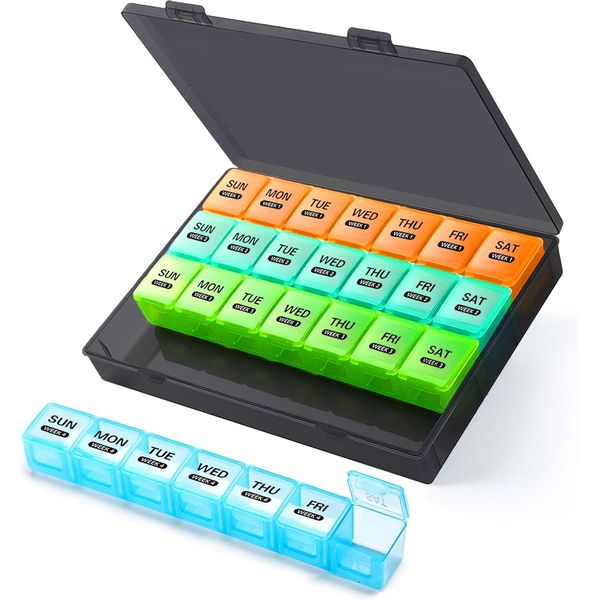 Monthly Pill Box Organiser, Weekly Pill Box 7 Day, Travel Pill Organiser with 28 Copartments, Pill Box for Medicine, Medication, Vitamin, Supplement and Fish Oil Supplements, Medication Organizer