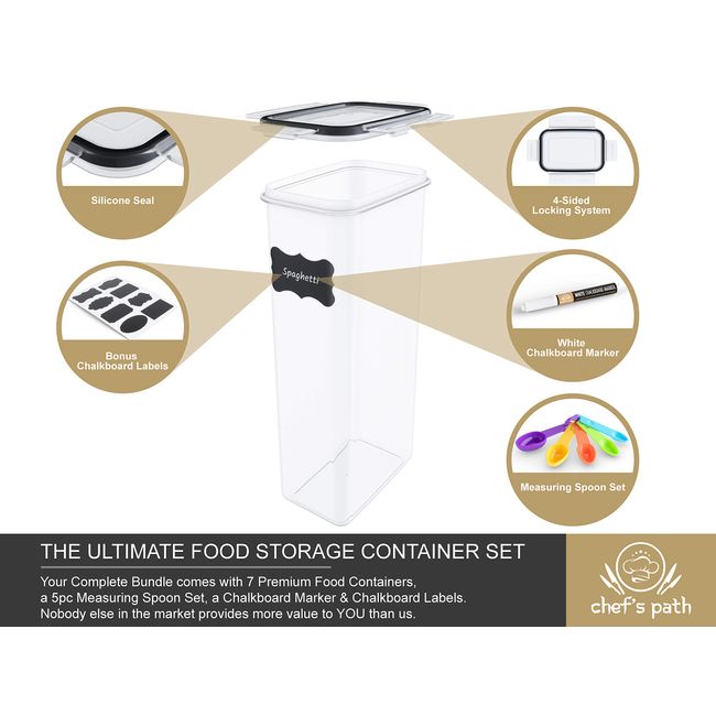 Chefs Path Airtight Food Storage Container Set - 7 PC Set - Chalkboard  Labels & Marker - Kitchen 