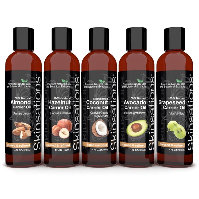 Skinsations - Natural Beauty Oils - Variety Gift Set | Carrier Oils for Essential Oils, Skin, Hair, DIY, Aromatherapy | Sweet Almond, Grape Seed, Hazelnut, Avocado, Coconut (MCT)