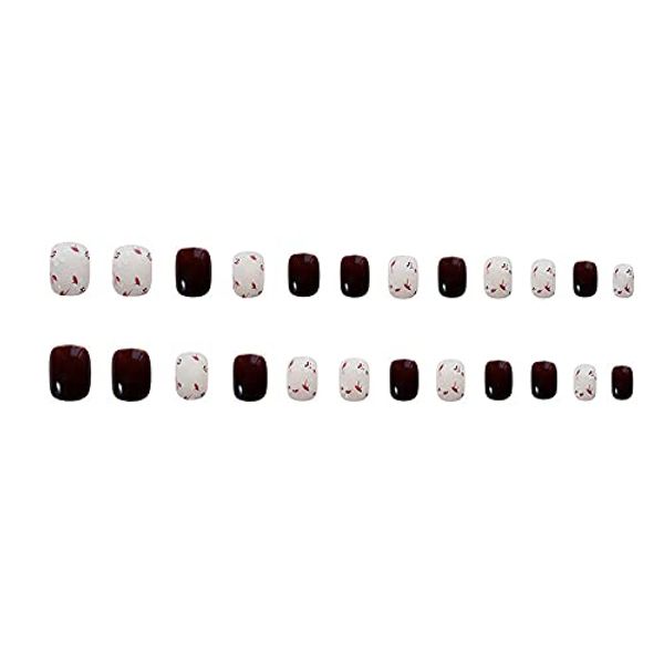 24Pcs Cute Elegant Nails Cherry Blossom Pattern Brown Nail Tips with Double-Sided Adhesive Tape