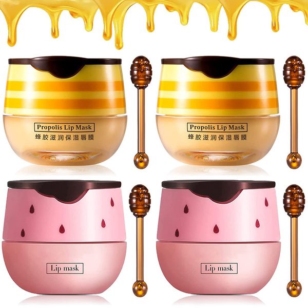 4PCS Strawberry & Bee Lip Balm Honey Pot, Vitamin E Lip Masks & Moisturizing Propolis Sleeping Lip Mask, Effective Reduces Lip Lines Prevention Dry and Cracked Lip Scrubs Exfoliator Smoothing Dry Lip Care