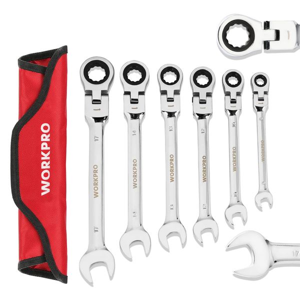 WORKPRO Flex Ratchet Wrench, Oscillating Ratchet, Combination Wrench Set, Dual Use Head, Spanner, Wrench, Adjustable Angle, 72 Gear, Set of 6, Auto Repair, Car Maintenance, Assembly