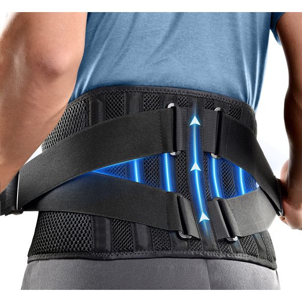 FREETOO Air Mesh Back Brace for Men Women Lower Back Pain Relief with 7 Stays, Adjustable Back Support Belt for Work, Anti-skid Lumbar Support for Sciatica Scoliosis (M(waist:36''-44''), Black)