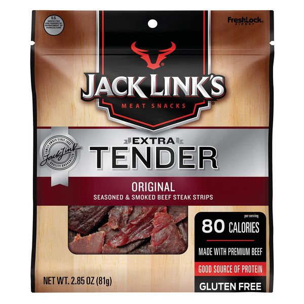 Jack Link's Extra Tender Beef Jerky Steak Strips,Original,2.85 oz-Flavorful Meat Snack,10g of Protein and 80 Calories,Made with Premium Beef-Gluten Free and No Added MSG or Nitrates/Nitrites