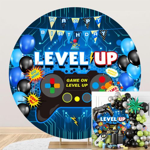 Polyester Diameter 7ft Round Video Game On Backdrop Cover Gaming Level Up Gamepad Remote Control Gamer Background for Photography Boys Men Game Fans Video Gamer Party Banner