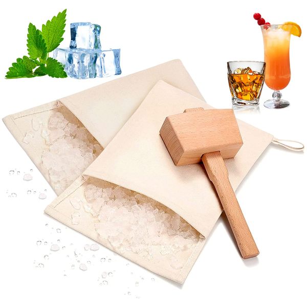 LFKJUMY Lewis Crushed Ice Bag, Professionelles Crushes Ice Dried Ice, Wiederverwendbare 2 Baumwolle Beutel und 1 Eishammer Crushed für Bar Bartender Kit Tools & Küchenzubehör (3 Pack)