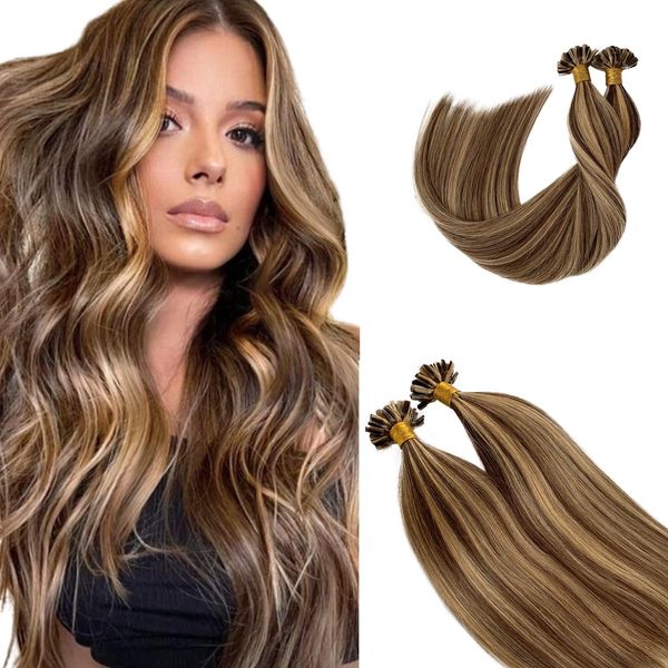 Utip Extensions Real Human Hair, 20 Inch Brown and Blonde Utip Hair Extensions, Dark Blonde Highlight Medium Brown Keratin Tip Human Hair Extensions 50g 50s