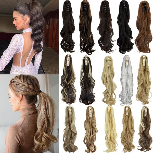 18 Inch Long Claw Ponytail Hair Extension One Piece Clip in Ponytail Jaw/Claw Synthetic Hairpieces Curly Wavy Ponytail Extensions (Dark Brown Mix Light Auburn)